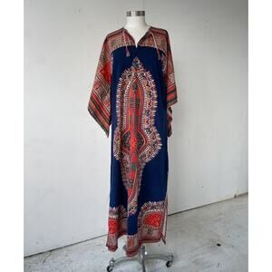 Vintage 1970s Dashiki Kaftan Dress / Bell Sleeves Kimono Red + Navy Boho Hippie